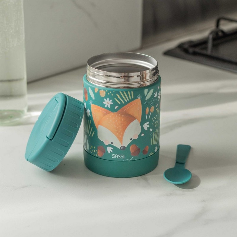 Portapranzo termico verde per bambini decorato con volpe, ghiande e funghi in acciaio inossidabile, con cucchiaio incluso e maniglia estraibile per agevolare il trasporto